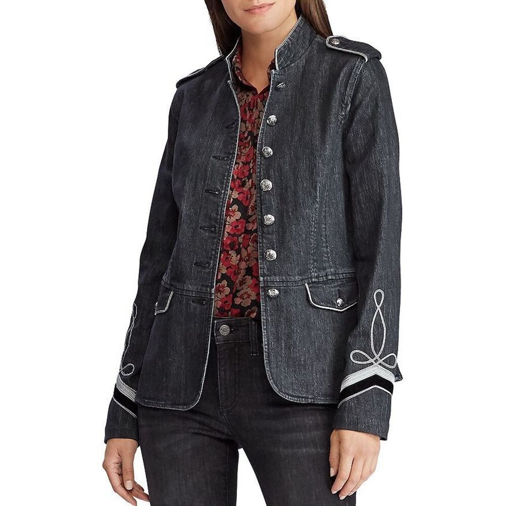 Ralph Lauren Sybella Lightweight Black Embroidered Military Denim Jacket 8